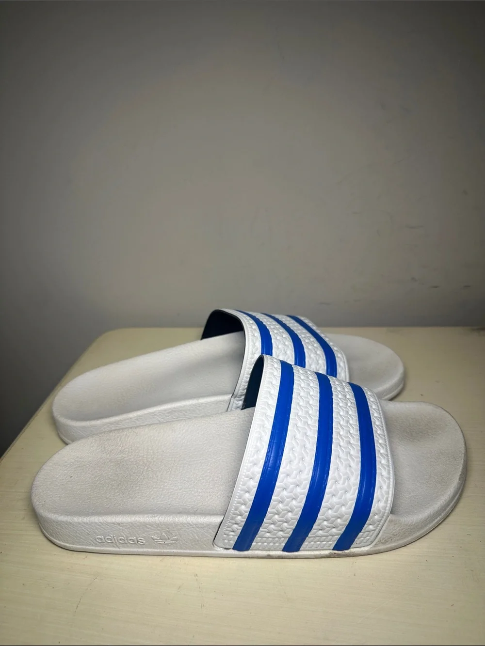 Adidas Originals Adilette White Slides with Blue Triple Stripes made in Italy